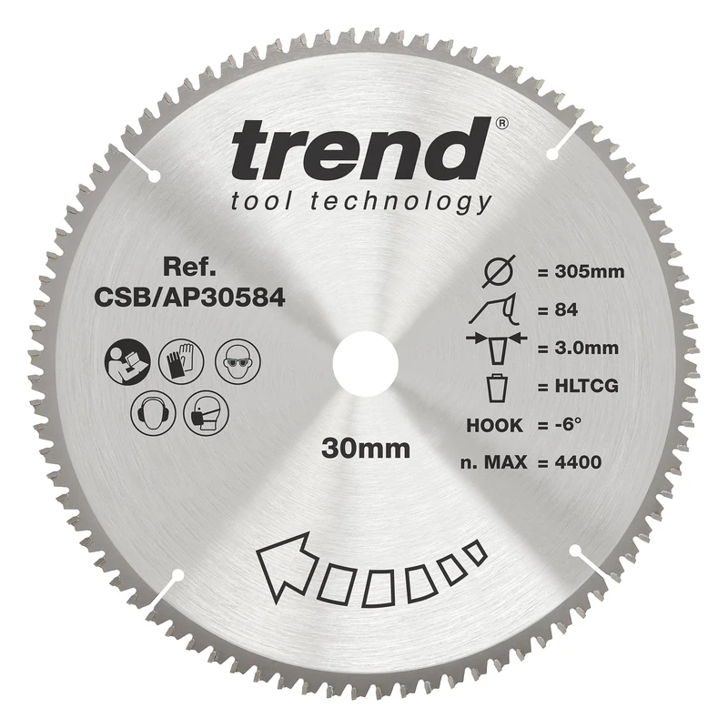 Trend Aluminium & Plastic Circular Saw Blade, 305mm Diameter, 30mm Bore, 84 Teeth, 3mm Kerf, -6° Hook, TCT, Extra-Fine Finish, CSB/AP30584