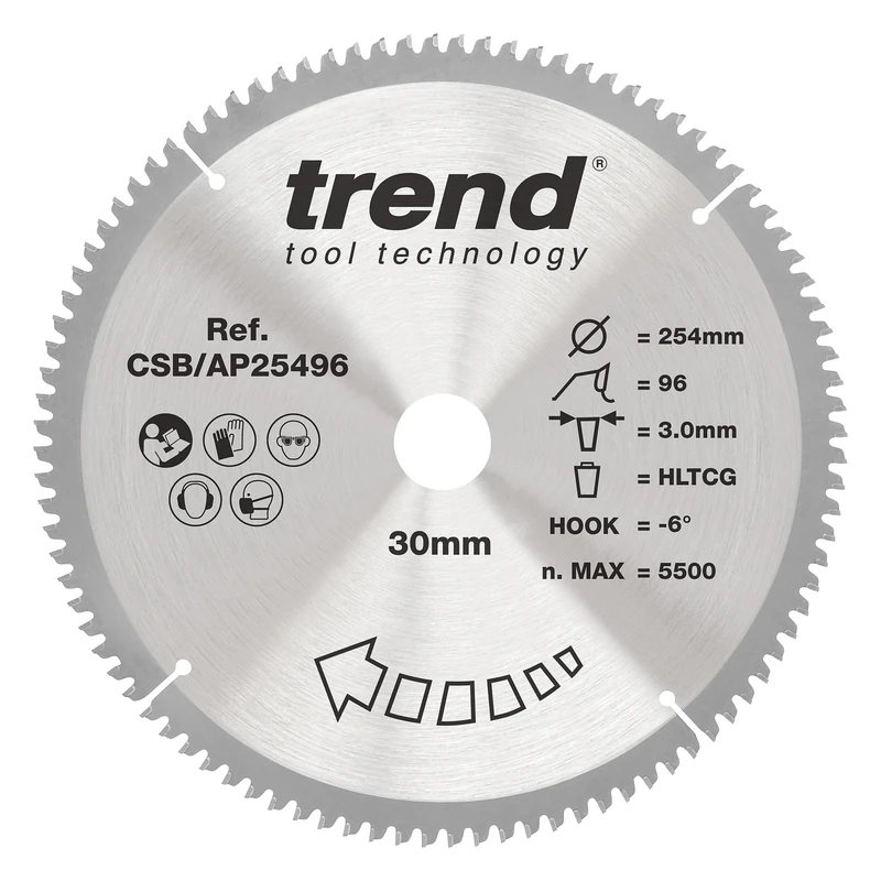 Trend Aluminium & Plastic Circular Saw Blade, 254mm Diameter, 30mm Bore, 96 Teeth, 3mm Kerf, -6° Hook, TCT, Extra-Fine Finish, CSB/AP25496