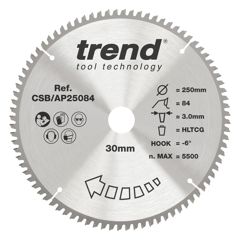 Trend Aluminium & Plastic Circular Saw Blade, 250mm Diameter, 30mm Bore, 84 Teeth, 3mm Kerf, -6° Hook, TCT, Extra-Fine Finish, CSB/AP25084