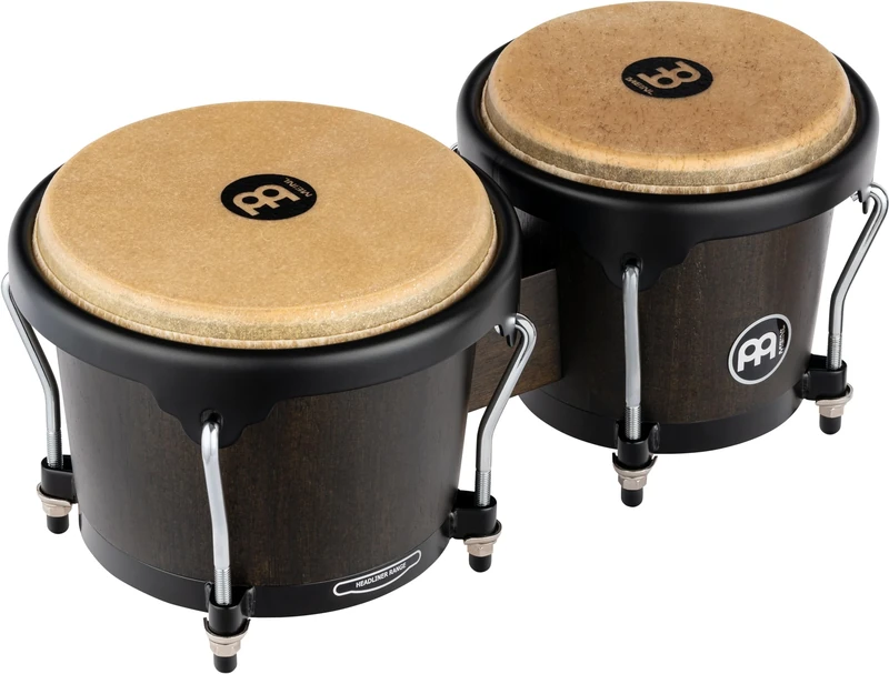 Meinl Percussion Bongos Headliner Wood - 2 hand drums with 6.75 and 8 inches - including tuning key - Siam Oak, Black (HB100VWB-M)