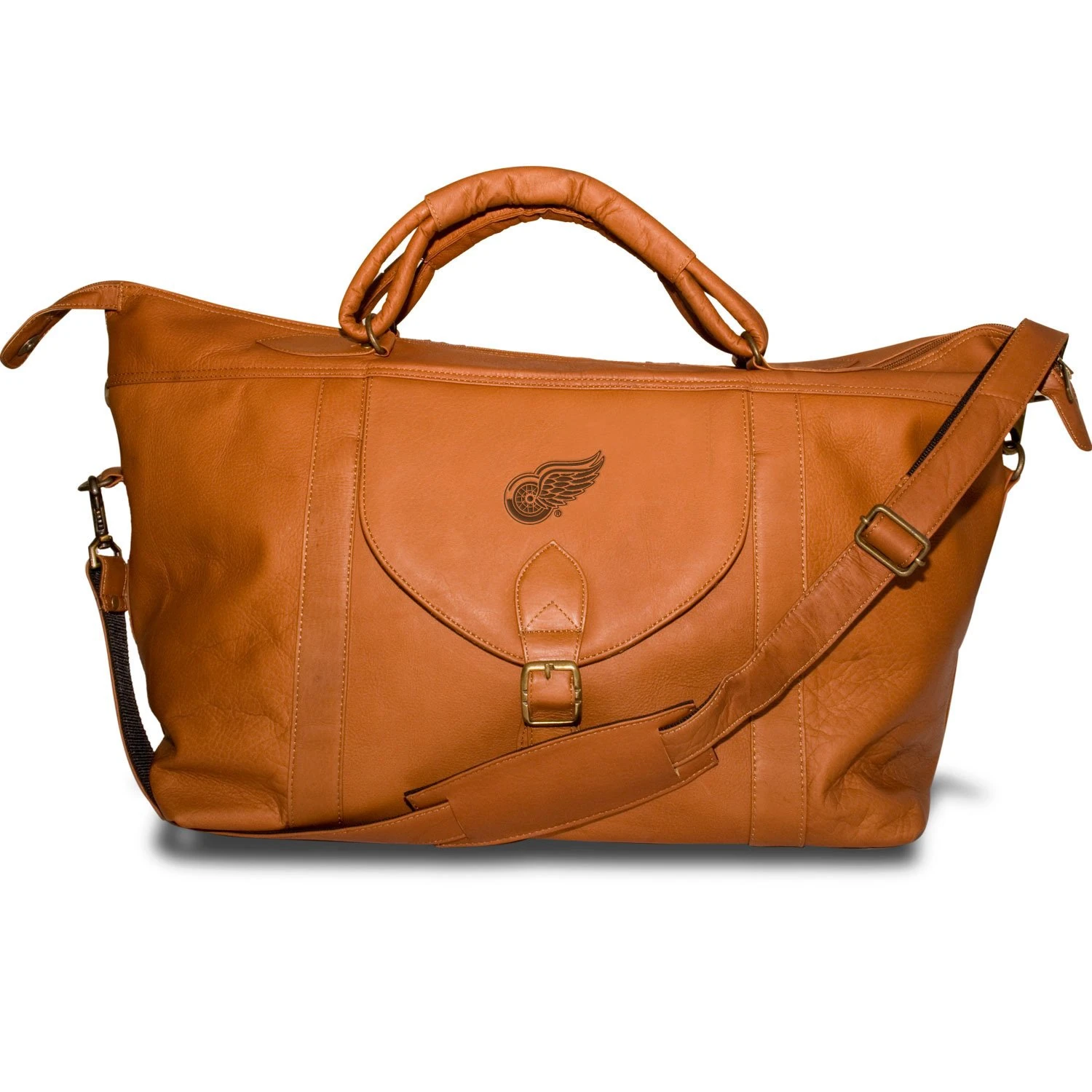 NHL Detroit Red Wings Tan Leather Top Zip Travel Bag