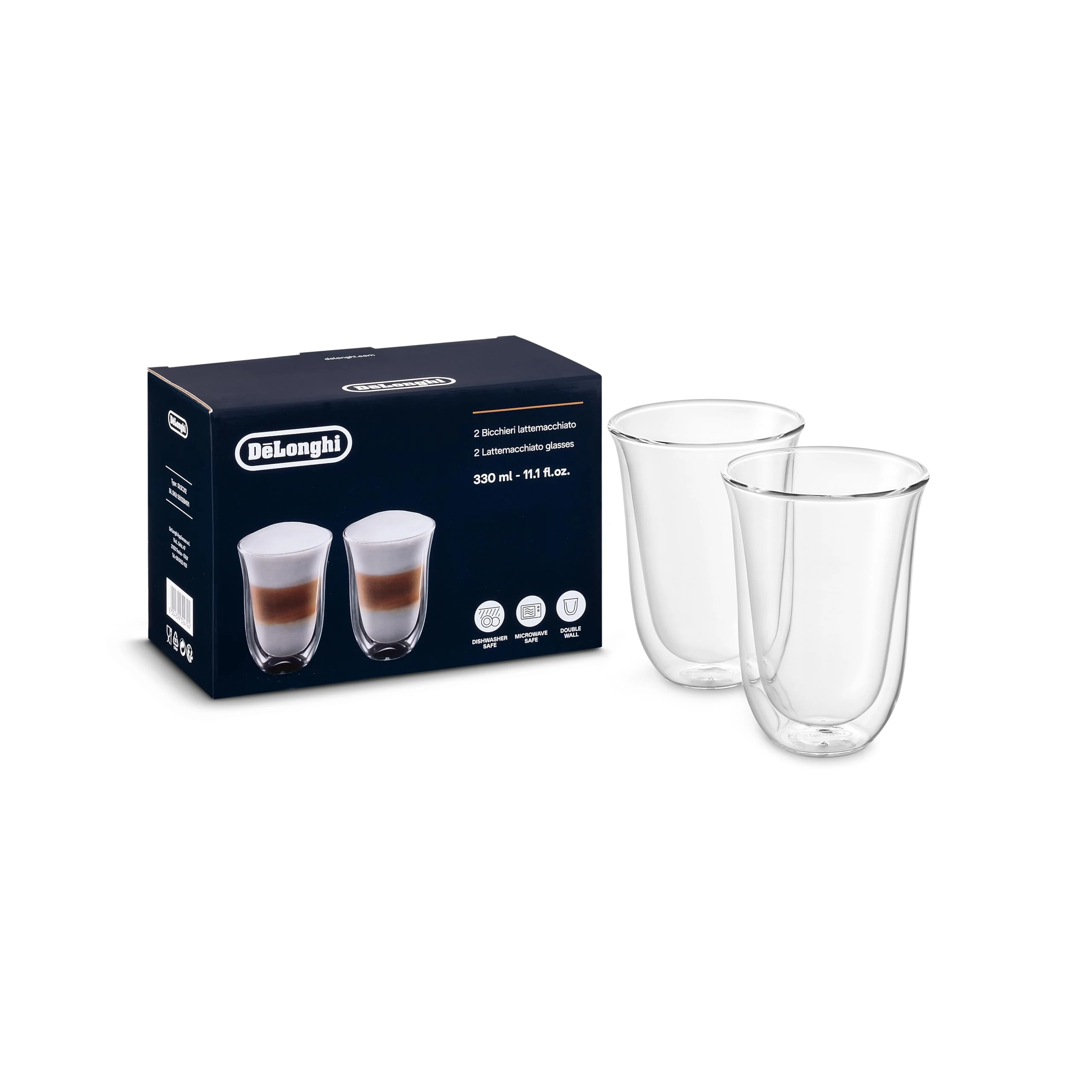 Delonghi DLSC312 Latte Macchiato Thermo Glasses, 5513284171 Transparent, 2 Glasses per Pack