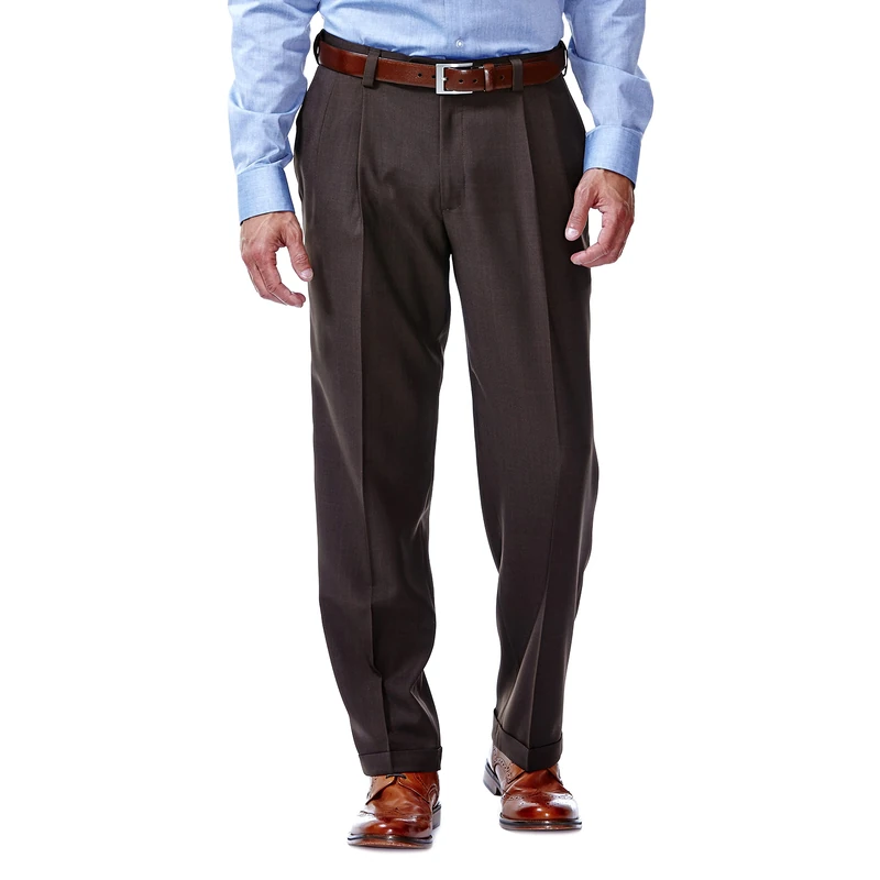 Haggar Men's Repreve Stria Gab Pleat Front Dress Pant, Brown Stria,40x31