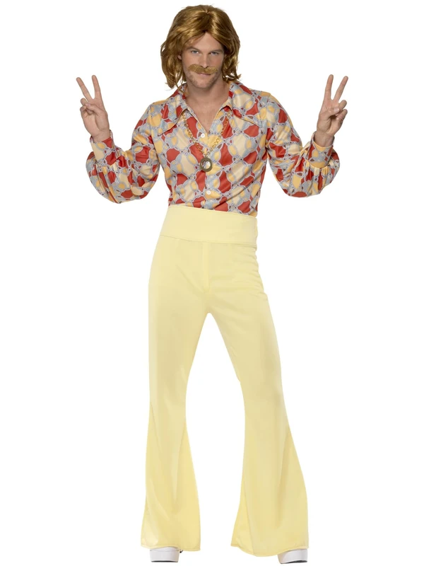 Smiffys 60s Groovy Guy Costume, Patterned with Shirt and High Waisted Flared Trousers, 1960's Groovy Fancy Dress, 1960s Dress Up Costumes, World Book Day
