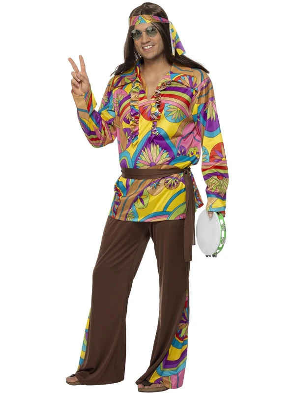 Smiffys Psychedelic Hippie Man Costume, Multi-Coloured with Trousers, Shirt, Headband and Belt, 1960's Groovy Fancy Dress, Adult Dress Up Costumes, World Book Day