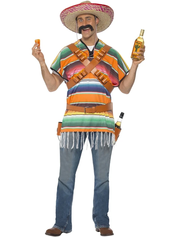 Smiffys Tequila Shooter Guy Costume, Orange & Green with Poncho, Belt & Bandolier, Cowboys and Indians Fancy Dress, Western Dress Up Costumes Halloween