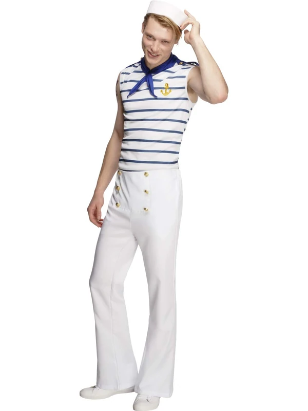 Smiffys Fever Male French Sailor Costume, White with Top, Trousers and Neck Scarf, Fever Male Fancy Dress, Adult Dress Up Costumes Halloween