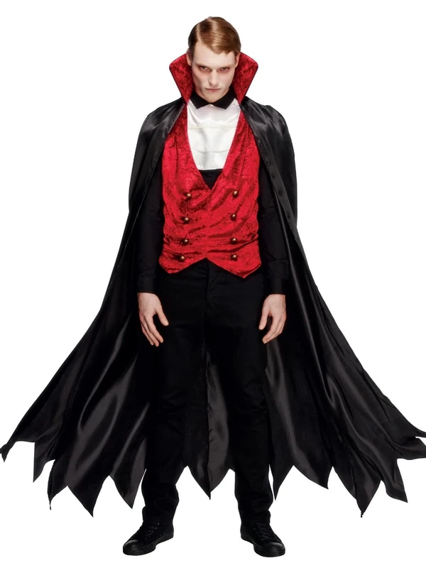 Smiffys Fever Vampire Costume, Black & Red with Waistcoat, Cape and Cravat, Fever Male Fancy Dress, Vampire Dress Up Costumes