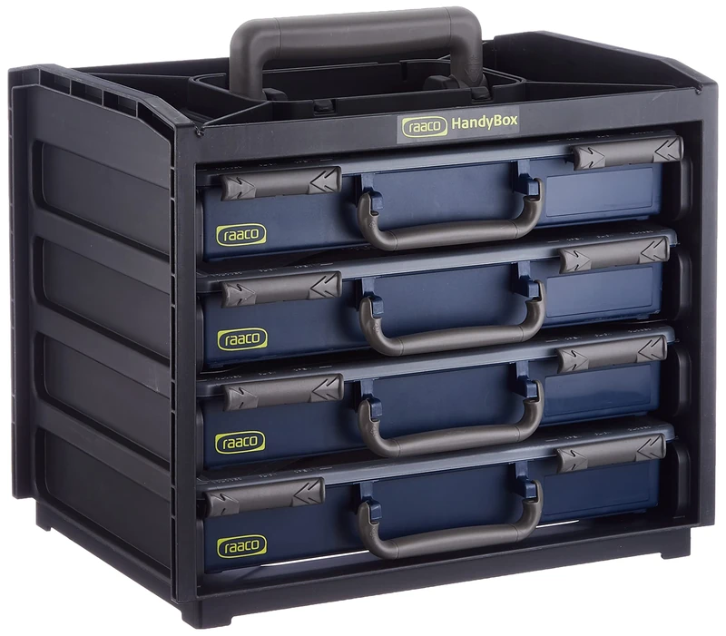 raaco 136242 HandyBox 55 a lightweight robust portable storage unit comes with 4 Raaco Assorter 55 service assorter 55 cases are fitted with sliding locks and removable compartments