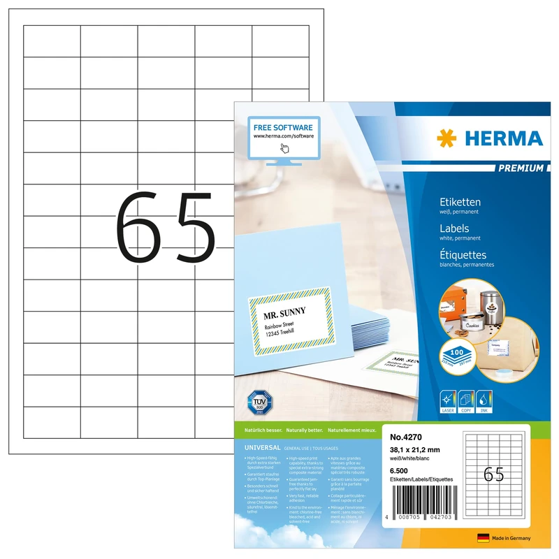 Herma 4270 Universal Labels, 1400 Sheets, 38.1 x 21.2 mm, 65 per A4 Sheet, 91000 Pieces, Self-Adhesive, Printable, Matt, Blank Paper Adhesive Labels Stickers, White - Image 1