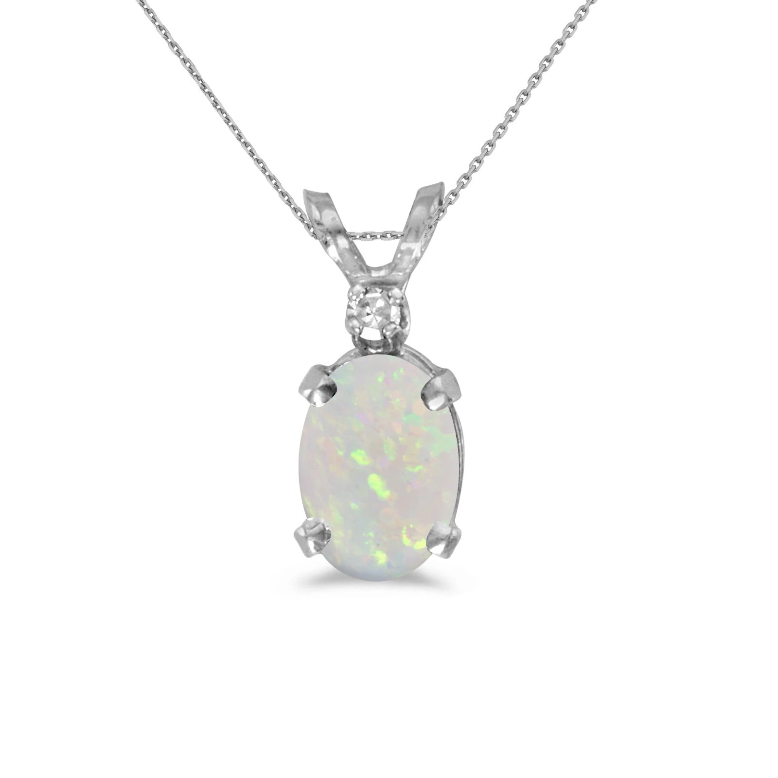 14k White Gold Oval Opal And Diamond Pendant with 18" Chain