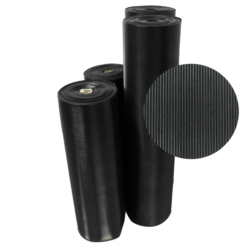 Rubber-Cal - Black rubber floor with fine grooves. Wide mats. Thickness of 0.3 cm, width of 91.5 cm and 6 different lengths.