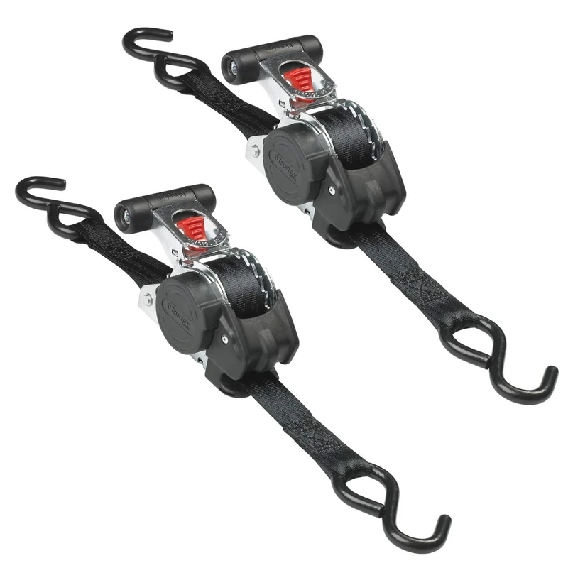 Master Lock 3238EURDAT Retractable Ratchet Tie Down Strap with S-Hooks, Black, 3m x 25mm Strap, Pack of 2