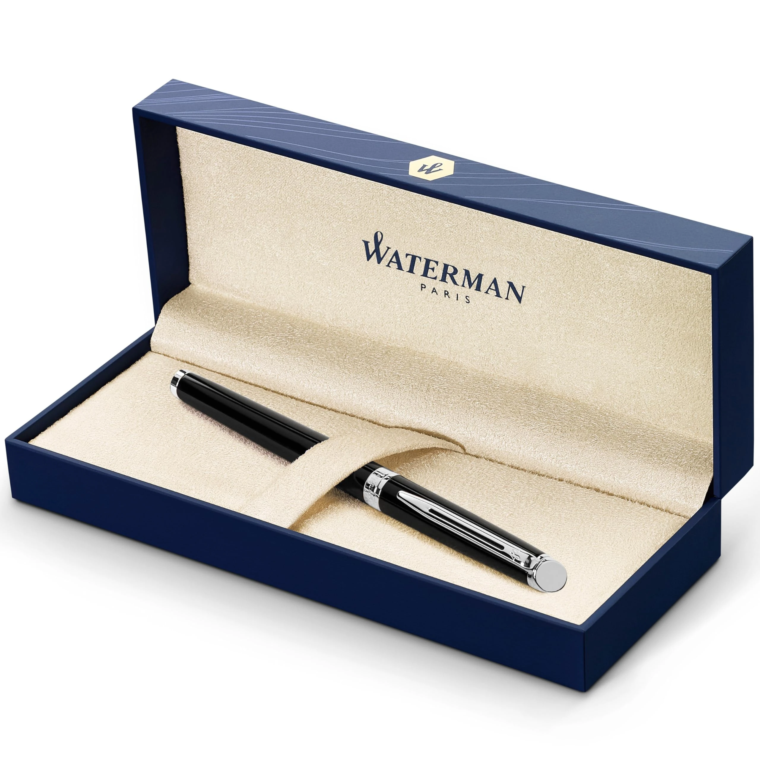 Waterman Hémisphère Fountain Pen | Gloss Black with Chrome Trim | Medium Nib | Blue Ink | Gift Box
