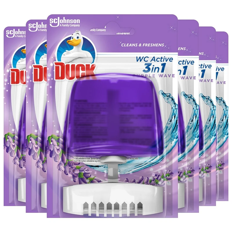 Duck Liquid Toilet Rim Block Holder and Refill Starter Kit, 3-in-1 Toilet Bowl Cleaner, Purple Wave, Pack of 6 (Each Kit Contains 1 x Holder + 1 x 55ml Refill)