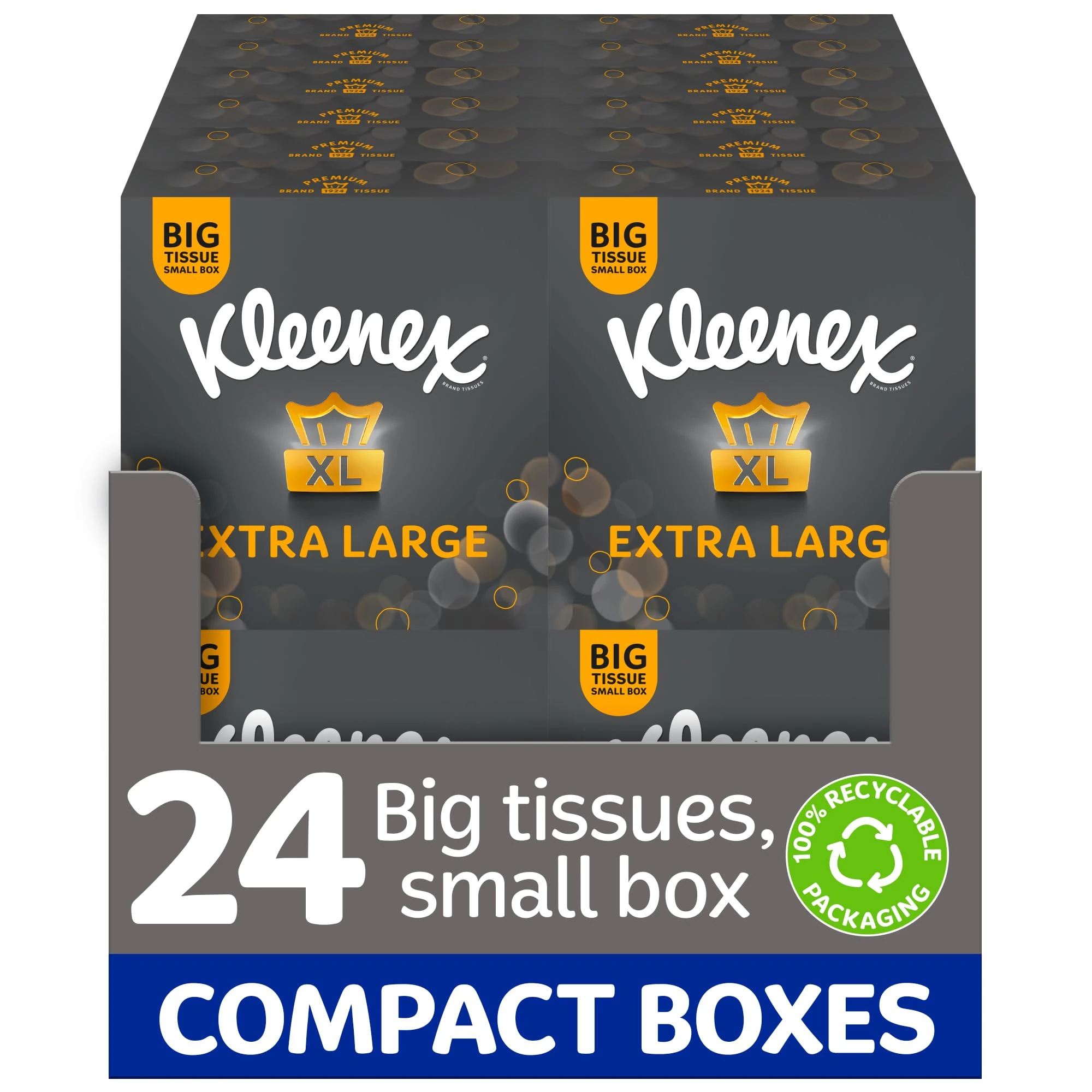 Kleenex Extra Large Soft Facial Tissues, 24 Compact Tissue Boxes, 1056 Tissues (24 boxes) - 100% Recyclable Packaging