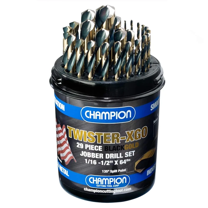 Champion Cutting Tool Corp Twister-XGO Champion Cutting Tool Heavy Duty Black & Gold 29Piece Jobber Drill Bit Set- Made in USA, 135° Split Pt., 1/16"-1/2"x 64Ths,