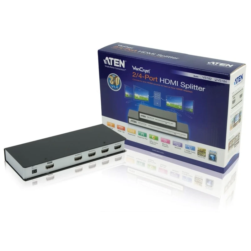 ATEN 4-Port 4K HDMI Splitter VS184A HDMI (3D, Deep Color, 4kx2k); HDCP 1.4 Compliant, up to 340MH, up to 15 m Connects one HDMI source to 5 HDMI displays at the same time