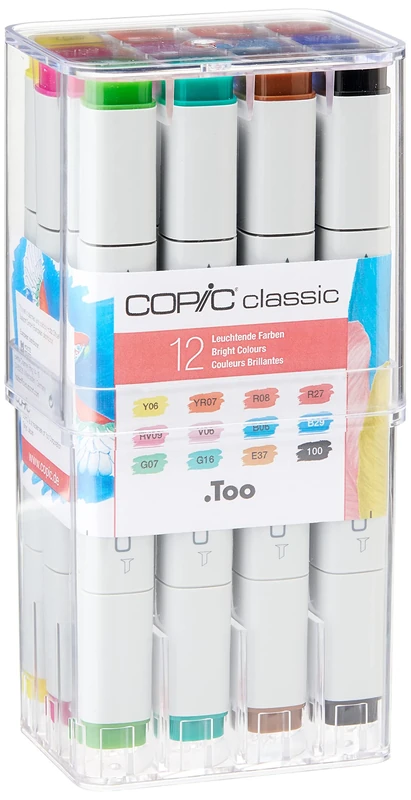 Copic Classic Coloured Marker Pen - Set of 12 Bright Colours, For Art & Crafts, Colouring, Graphics, Highlighter, Design, Anime, Professional & Beginners, Art Supplies & Colouring Books