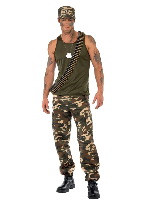Smiffys Deluxe Khaki Camo Costume, Male, Khaki Green includes Vest, Trousers & Hat, Land, Sea and Air Forces Fancy Dress, Adult Dress Up Costumes - Image 1