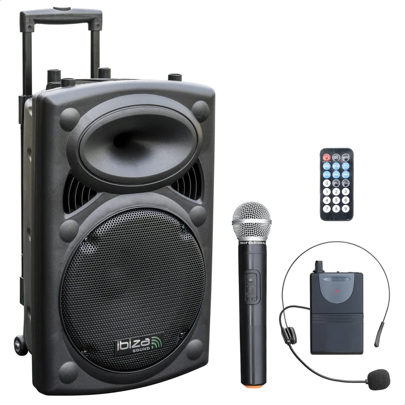 PORT12VHF-BT - IBIZA - 12"/700W MAX portable speaker with 2 microphones (VHF), remote control and protective cover - Bluetooth, USB, SD - 3 to 5h autonomy