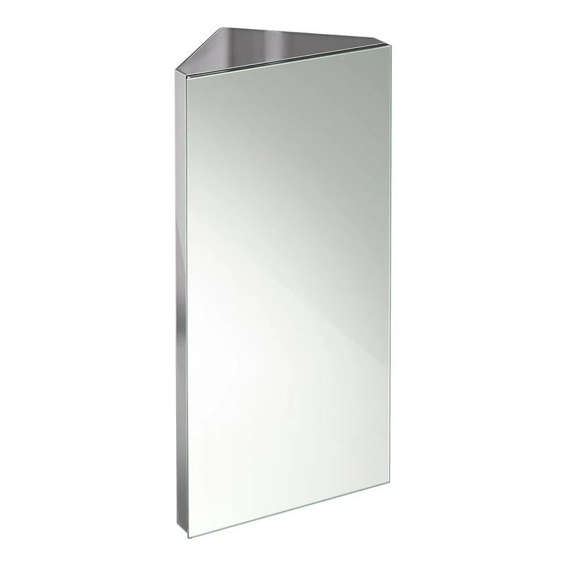 iBathUK Storvue Wall Mounted Corner Bathroom Mirror Cabinet, Frameless Triangular Silver Mirror, Magnetic Catch, Modern Bathroom Storage, Polished Stainless Steel, 300x600mm