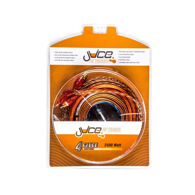Juice Car Audio JWTRU42PS 2500W 4 Gauge Amplifier Wiring Kit, With Speaker, Power, RCA, Ground and Connection Cables