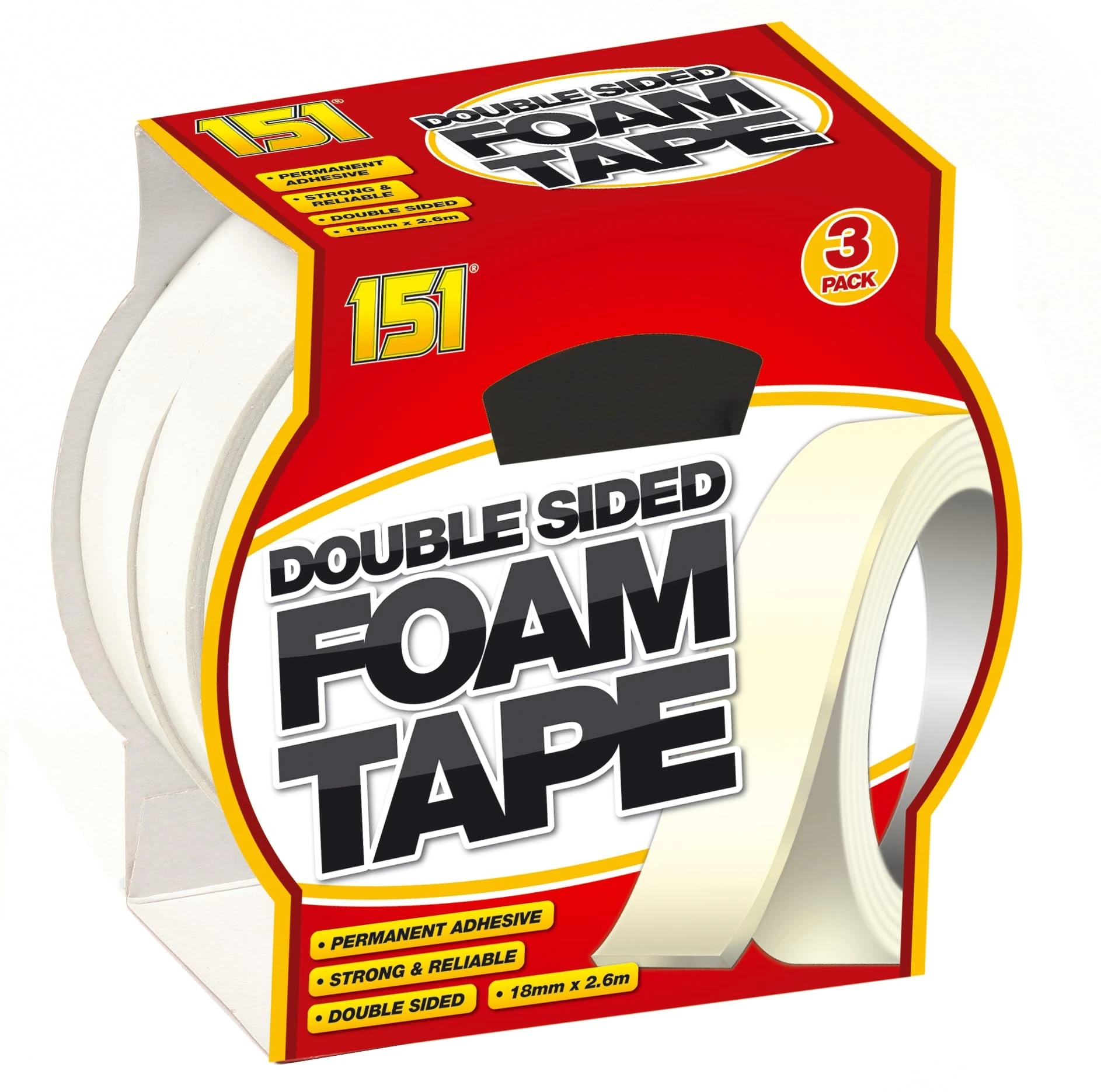 151 Double Sided Foam Tape, 3 Rolls, 18Mm X 2.6M, White