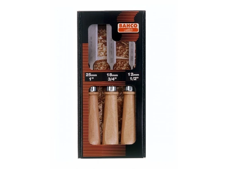 Bahco 425-081 Chisel with Wooden Handles, Silver/Brown, 12/18/25 mm, Set of 3 Piece