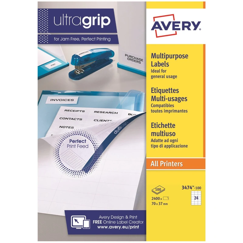 Avery Multi-Purpose Labels for Laser/Inkjet Printers and Photocopiers 70 x 37 mm Box of 2,400 White