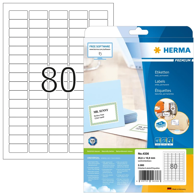 HERMA Self Adhesive Multipurpose Labels, 80 Labels per A4 Sheet, 800 Sheets, 35.6 x 16.9 mm, 64000 Labels, Blank Universal Labels Stickers, Sticky Labels for Laser & Inkjet Printer, White