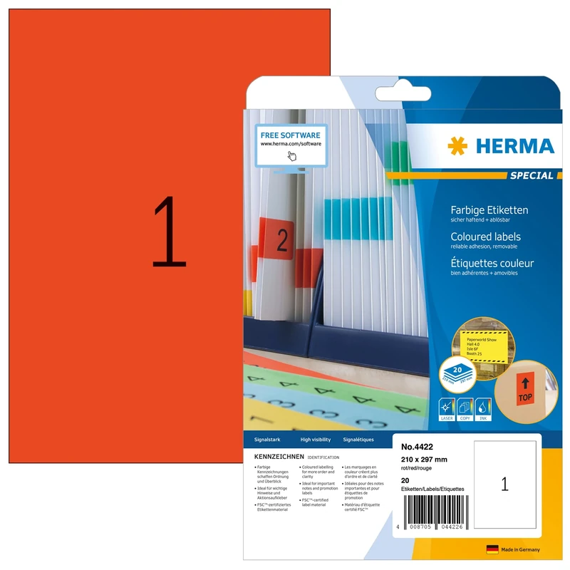 HERMA Self Adhesive Coloured Labels, 1 Label per A4 Sheet, 640 Sheets, 210 x 297 mm, 640 Labels, Blank Removable Colour Labels Stickers, Sticky Labels for Laser & Inkjet Printer, Red