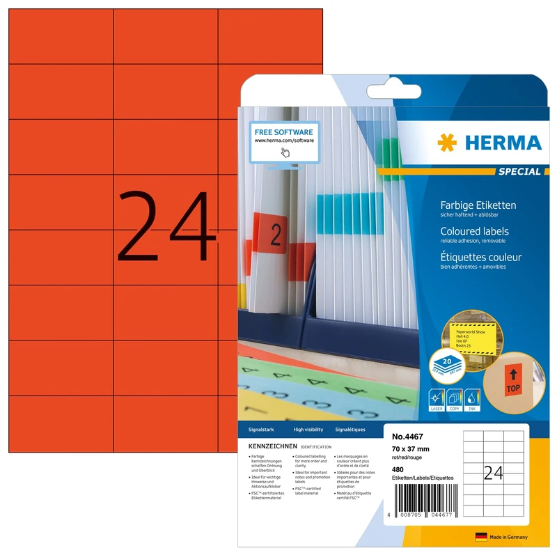 HERMA Self Adhesive Coloured Labels, 24 Labels per A4 Sheet, 640 Sheets, 70 x 37 mm, 15360 Labels, Blank Removable Colour Labels Stickers, Sticky Labels for Laser & Inkjet Printer, Red