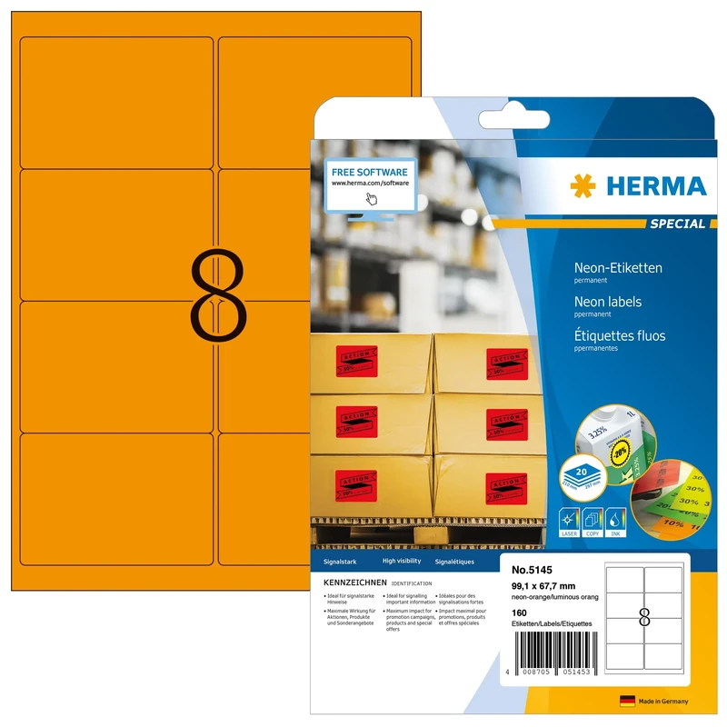 HERMA Self Adhesive Coloured Labels, 8 Labels per A4 Sheet, 640 Sheets, 99.1 x 67.7 mm, 5120 Labels, Blank Colour Labels Stickers, Sticky Labels for Laser & Inkjet Printer, Neon Orange