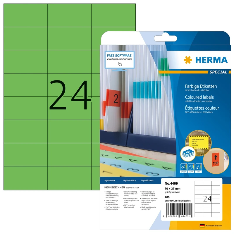 HERMA Self Adhesive Coloured Labels, 24 Labels per A4 Sheet, 640 Sheets, 70 x 37 mm, 15360 Labels, Blank Removable Colour Labels Stickers, Sticky Labels for Laser & Inkjet Printer, Green