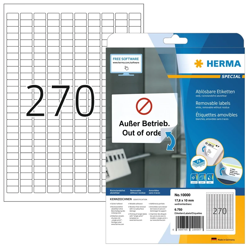 HERMA Self Adhesive Removable Labels, 270 Labels per A4 Sheet, 800 Sheets, 17.8 x 10 mm, 216000 Labels, Blank Multipurpose Labels Stickers, Sticky Labels for Laser & Inkjet Printer, White