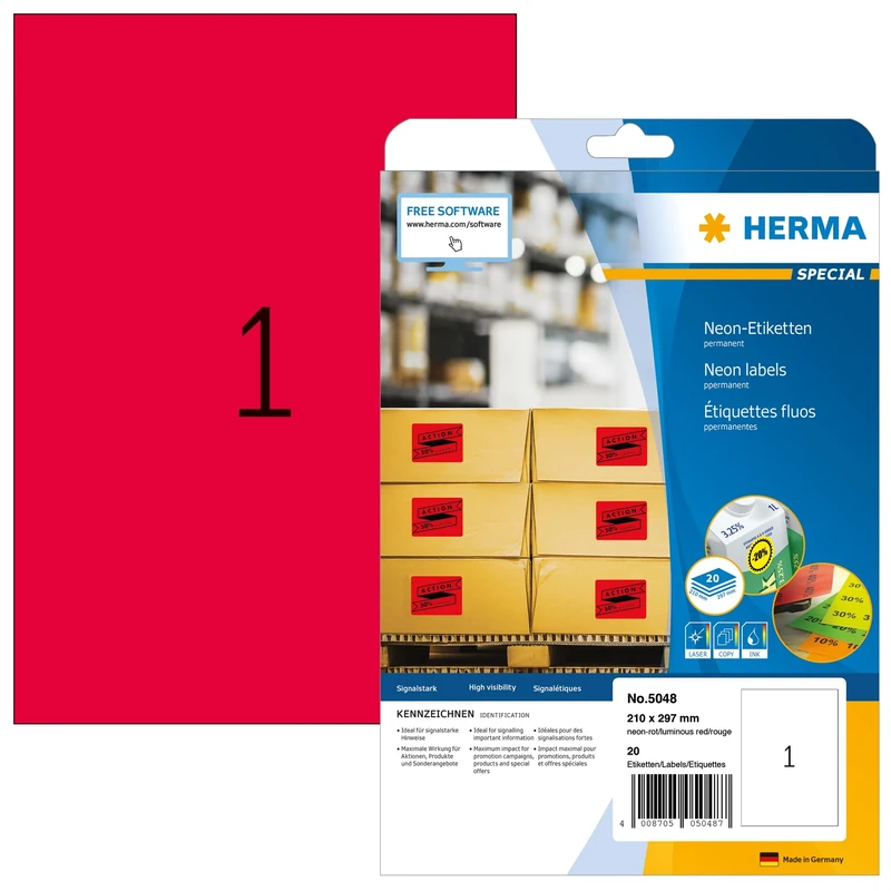 HERMA Self Adhesive Coloured Labels, 1 Label per A4 Sheet, 640 Sheets, 210 x 297 mm, 640 Labels, Blank Colour Labels Stickers, Sticky Labels for Laser & Inkjet Printer, Neon Red