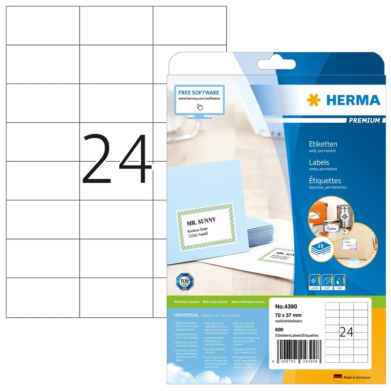 HERMA Self Adhesive Address Labels, 24 Labels per A4 Sheet, 800 Sheets, 70 x 37 mm, 19200 Labels, Blank Mailing Labels Stickers, Sticky Labels for Laser & Inkjet Printer, White