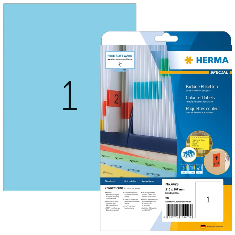 HERMA Self Adhesive Coloured Labels, 1 Label per A4 Sheet, 640 Sheets, 210 x 297 mm, 640 Labels, Blank Removable Colour Labels Stickers, Sticky Labels for Laser & Inkjet Printer, Blue
