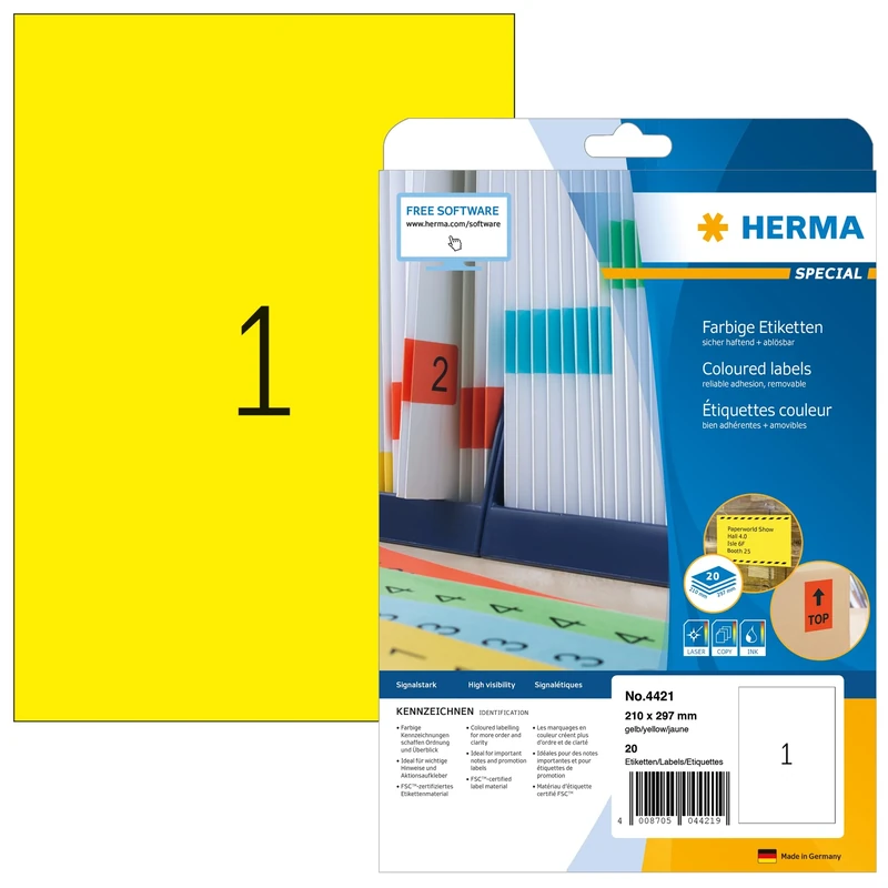 HERMA Self Adhesive Coloured Labels, 1 Label per A4 Sheet, 640 Sheets, 210 x 297 mm, 640 Labels, Blank Removable Colour Labels Stickers, Sticky Labels for Laser & Inkjet Printer, Yellow