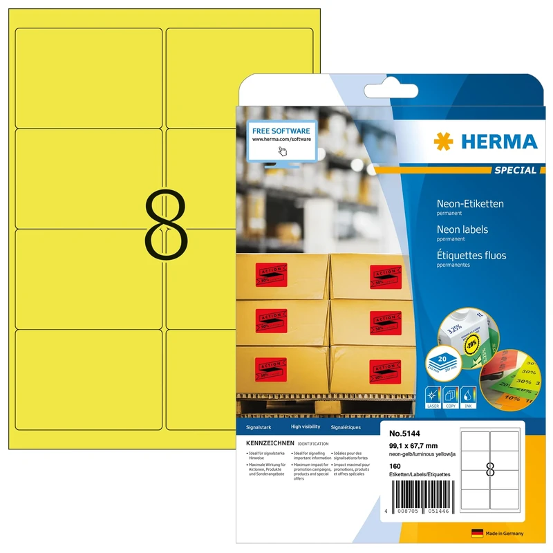HERMA Self Adhesive Coloured Labels, 8 Labels per A4 Sheet, 640 Sheets, 99.1 x 67.7 mm, 5120 Labels, Blank Colour Labels Stickers, Sticky Labels for Laser & Inkjet Printer, Neon Yellow