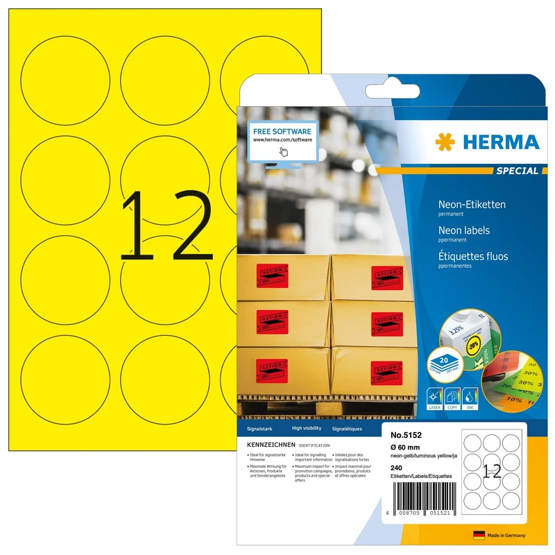 HERMA Self Adhesive Coloured Round Labels, 12 Labels per A4 Sheet, 640 Sheets, Ø 60 mm, 7680 Labels, Blank Colour Labels Stickers, Sticky Dots for Laser & Inkjet Printer, Neon Yellow