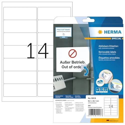 HERMA Self Adhesive Removable Labels, 14 Labels per A4 Sheet, 800 Sheets, 99.1 x 38.1 mm, 11200 Labels, Blank Multipurpose Labels Stickers, Sticky Labels for Laser & Inkjet Printer, White