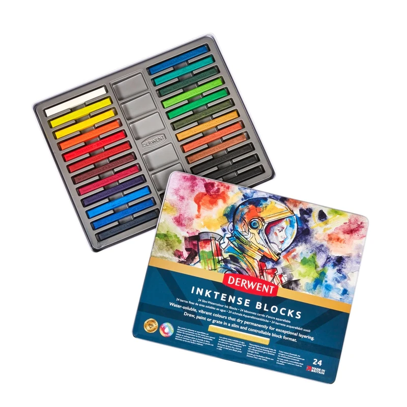 Derwent Inktense Blocks 24 Tin, Set of 24 Water-Colours, 8mm Block, Water-Soluble, Ideal for Drawing, Colouring, Crafts & Painting on Paper & Fabric, Professional Quality (2300443)