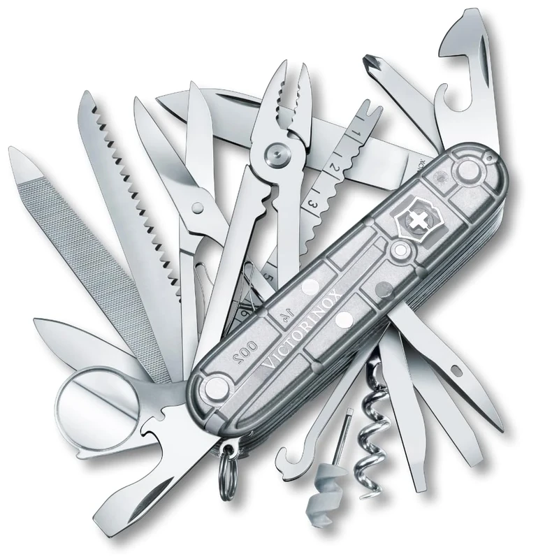 Victorinox Swiss Champ Swiss Army Knife, Medium, Multi Tool, 33 Functions, Blade, Scissors, Silver Transparent