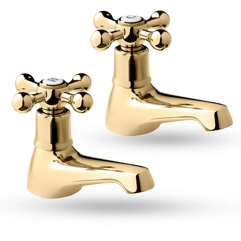 Deva Tudor Basin Taps - Traditional Gold Brass Victorian Style - Hot & Cold Cross Head Lever Handle - Pair of Bathroom Tap Toilet Sink Wash Faucet Set of 2 TUD01/501 – 12 Year Warranty