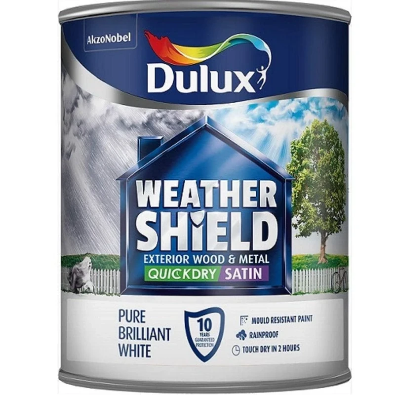 Dulux Weather Shield Quick Dry Satin Paint, 750 ml - Pure Brilliant White - Packaging May Vary