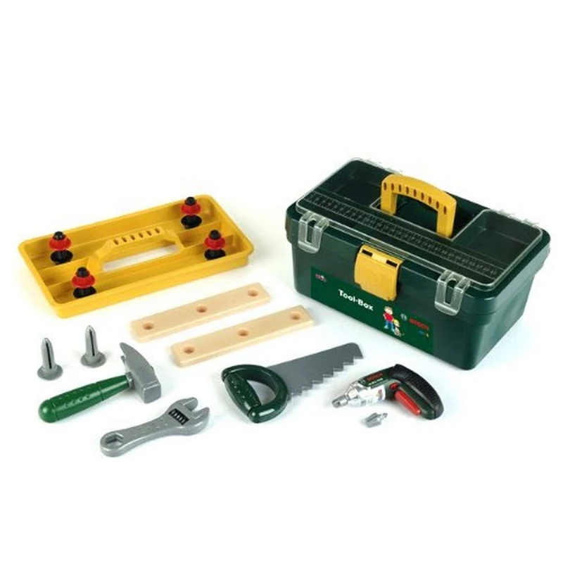 Theo Klein 8305 Bosch tool box I With battery-operated Ixolino cordless screwdriver and numerous accessories such as hammer, saw, adjustable wrench I Dimensions: 32 cm x 20.5 cm x 15 cm