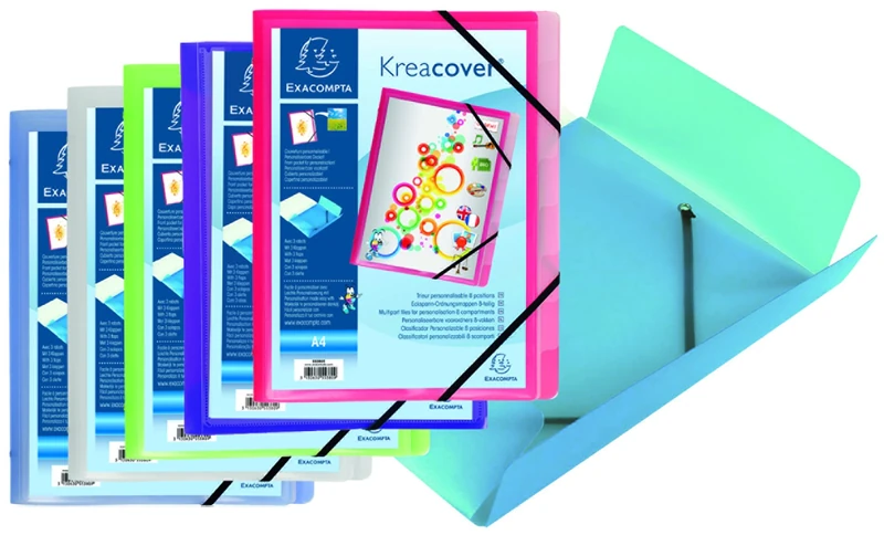 Exacompta - Ref 55380E - Kreacover Collection - Multipart File With Personalisable Front Pocket - 24 x 32cm, Suitable for A4 Documents , 8 Tabbed Sections - Assorted Colours