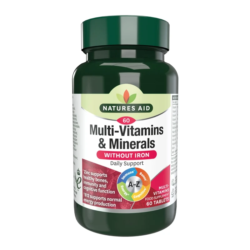 Natures Aid Multivitamins & Minerals Without Iron - High Strength One-a-Day Multi-Vitamin Formula - Supports Immune System, Energy, Brain and Bone Health - Vegan, Gluten-Free, Non-GMO - 60 Tablets